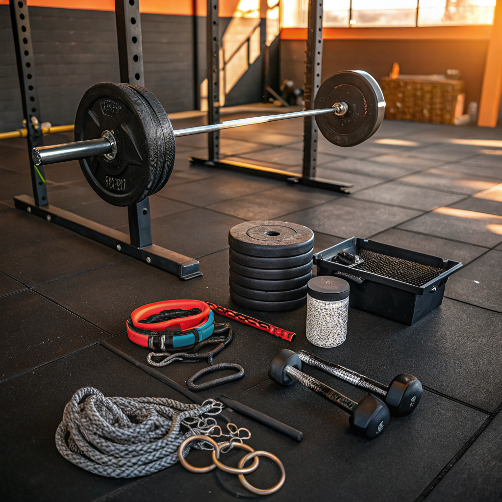 Organized gym equipment and kettlebells